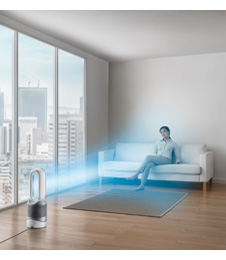 Hero image of the purifier fan with purifying, heating and cooling airflows.